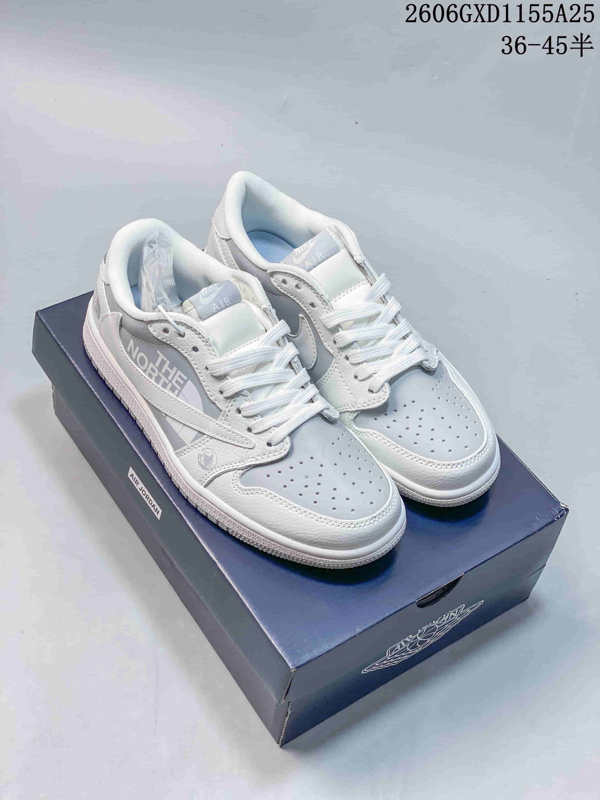 Pair of white and light grey Jordan low-top sneakers on a branded box; image overlay states 36–45.5.