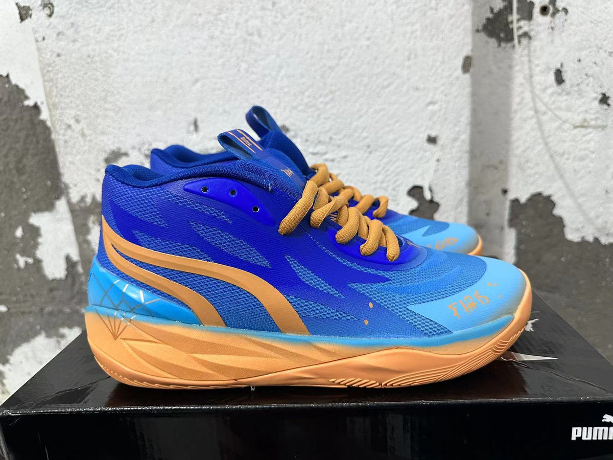 Side profile of a Puma Melo basketball shoe with blue mesh-style panels, a yellow-orange side accent, and a light blue toe.