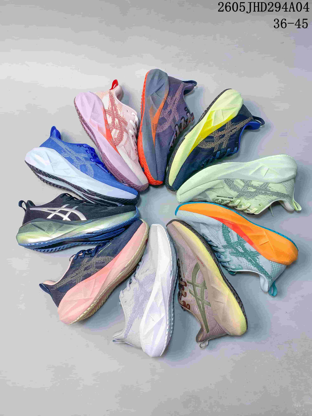 Assorted ASICS running shoe colorways arranged in a circle