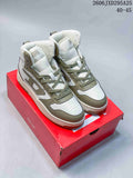 Pair of white and olive DIESEL S-Ukiyo high-top lace-up sneakers on a red box