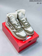 Pair of white and olive DIESEL S-Ukiyo high-top lace-up sneakers on a red box