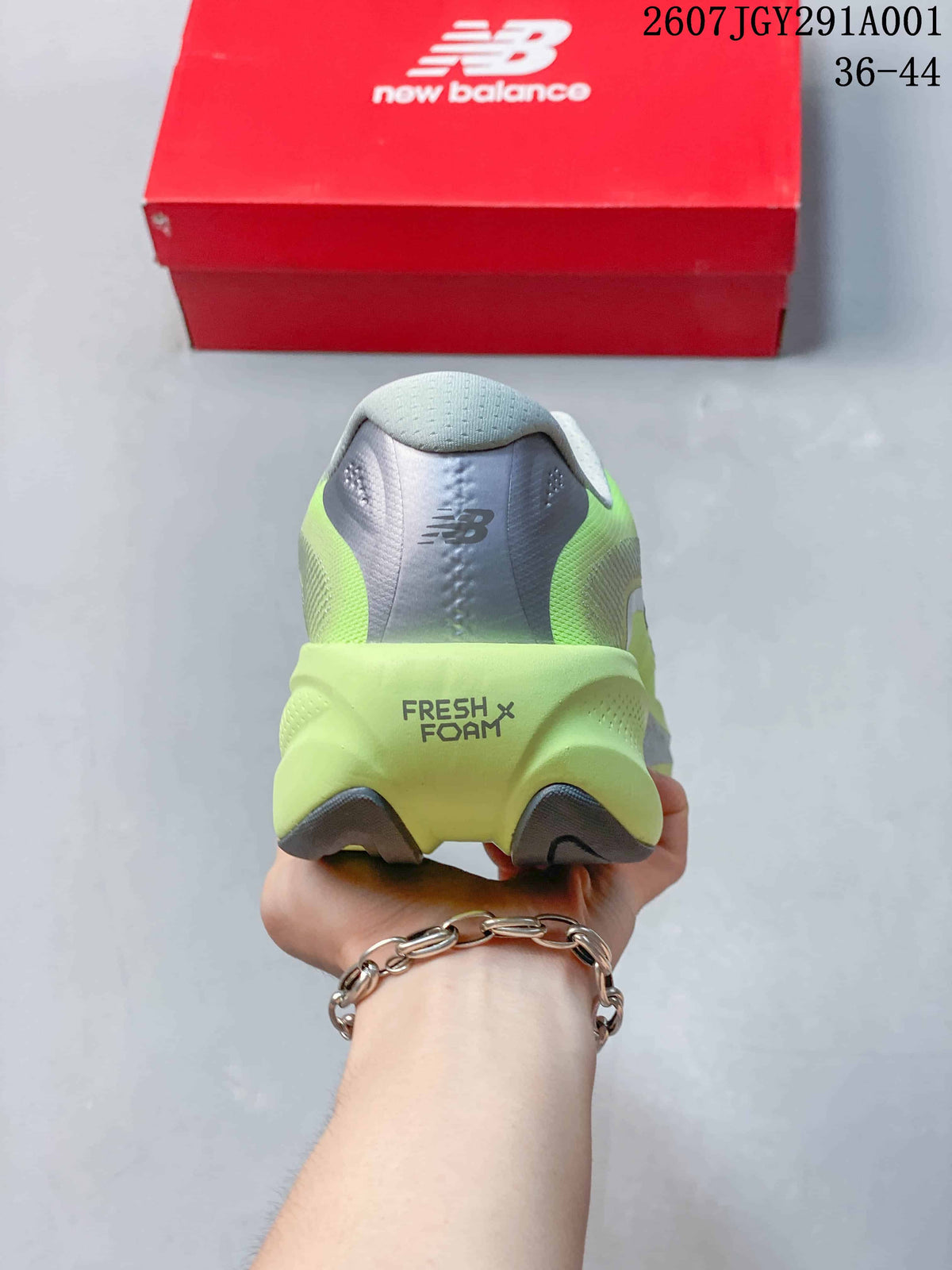 Rear view of a lime New Balance running shoe with Fresh Foam text on the midsole
