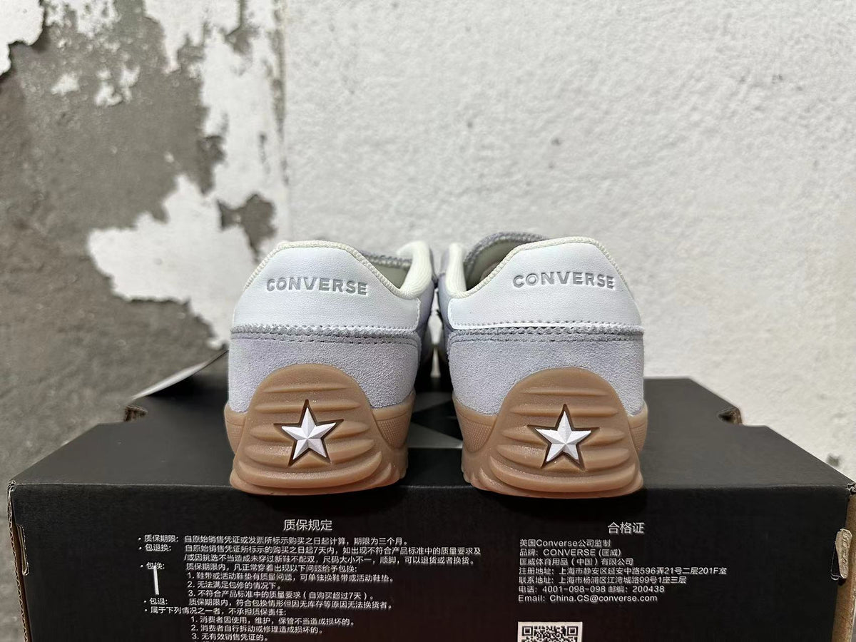 Rear view of gray Converse trainer-style sneakers with white heel panels and gum-colored soles