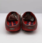 Rear view of the pair showing the heel plaques and red-and-blue patterned insoles.