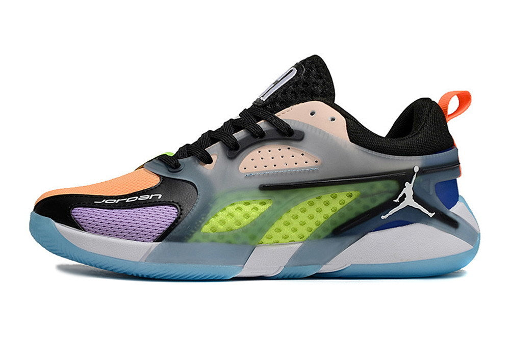 Side profile of a multicolor Jordan Heir shoe