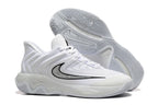 White basketball shoe with black side detail and patterned outsole.