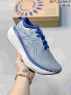 Side view of the ASICS GEL-Nimbus 25 shoe showing blue accents, white midsole, and visible PureGEL and FlyteFoam markings; image overlay shows 2607JJD296A16 and 40–45.