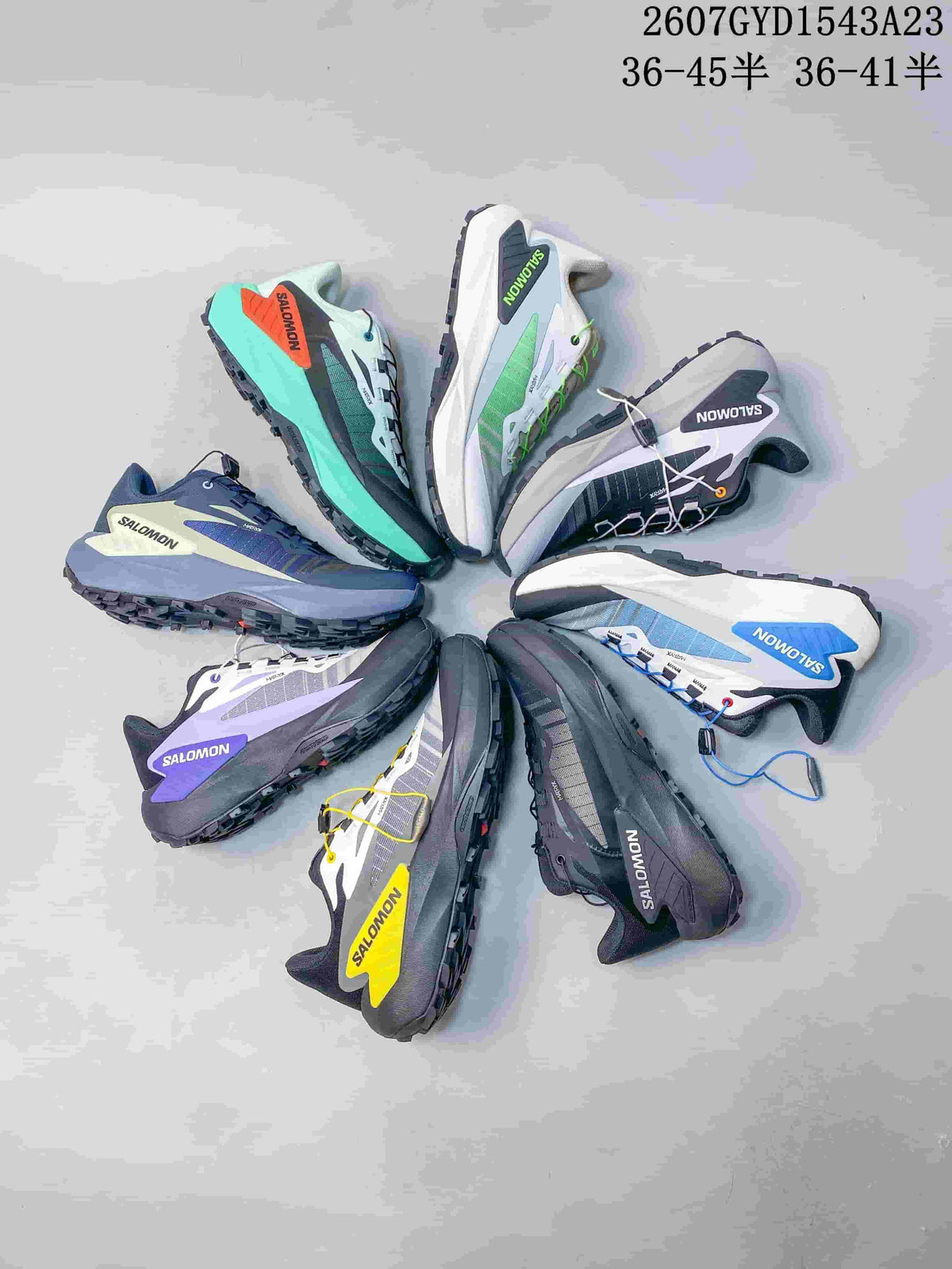 Multiple Salomon Genesis colorways arranged in a circular display.