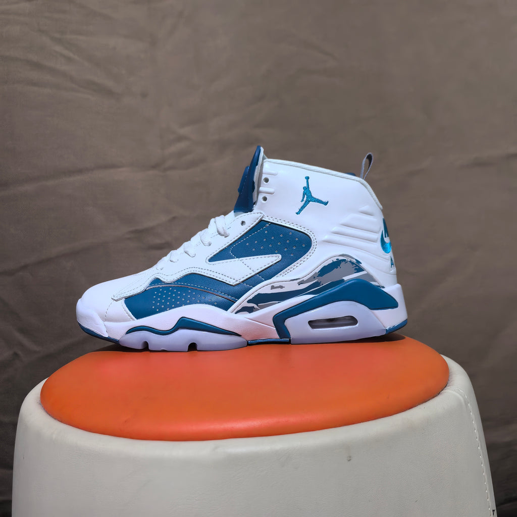 Side view of a white and blue high-top sneaker with a patterned side accent
