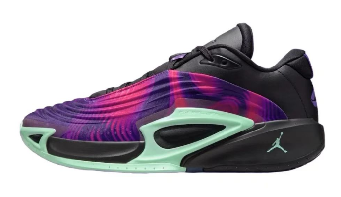 Black shoe with vivid purple and pink side detailing and mint green accents