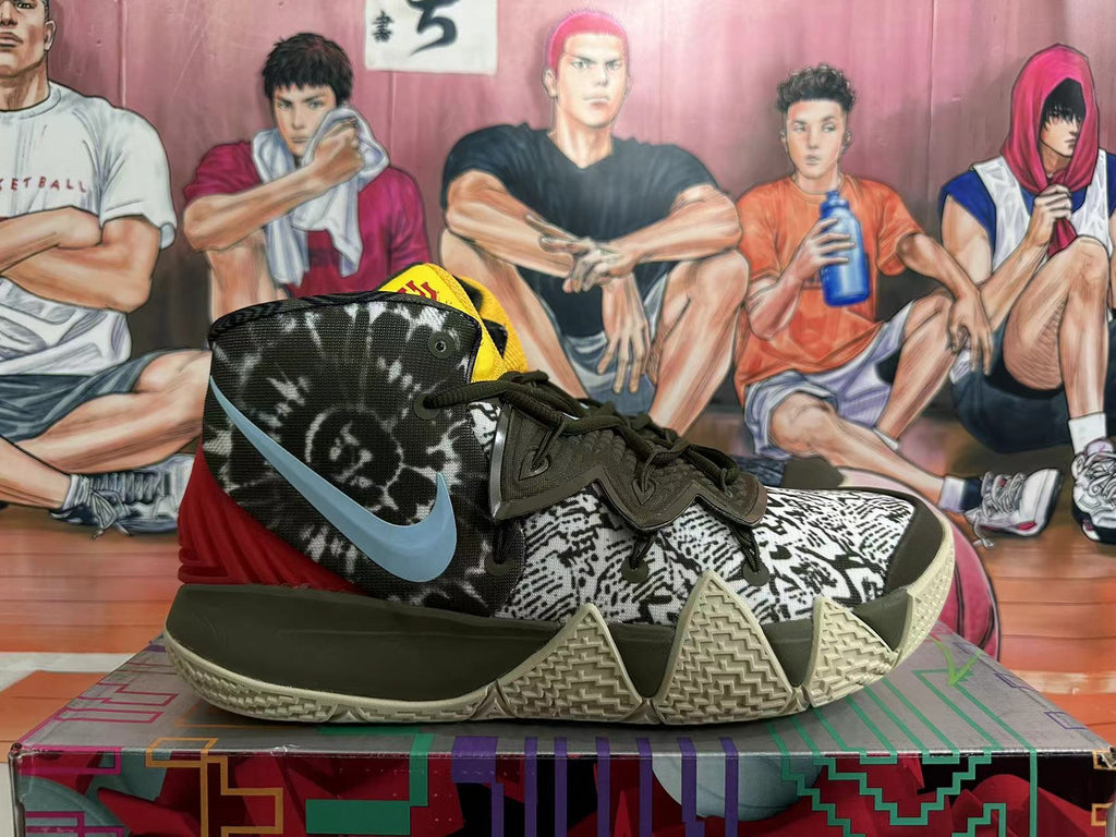 Side view highlighting the contrasting black-and-white patterned panels, olive-colored sections, and angular outsole.