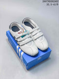 White adidas Originals ANFU Mary Jane shoes with three straps, shown on a blue box.