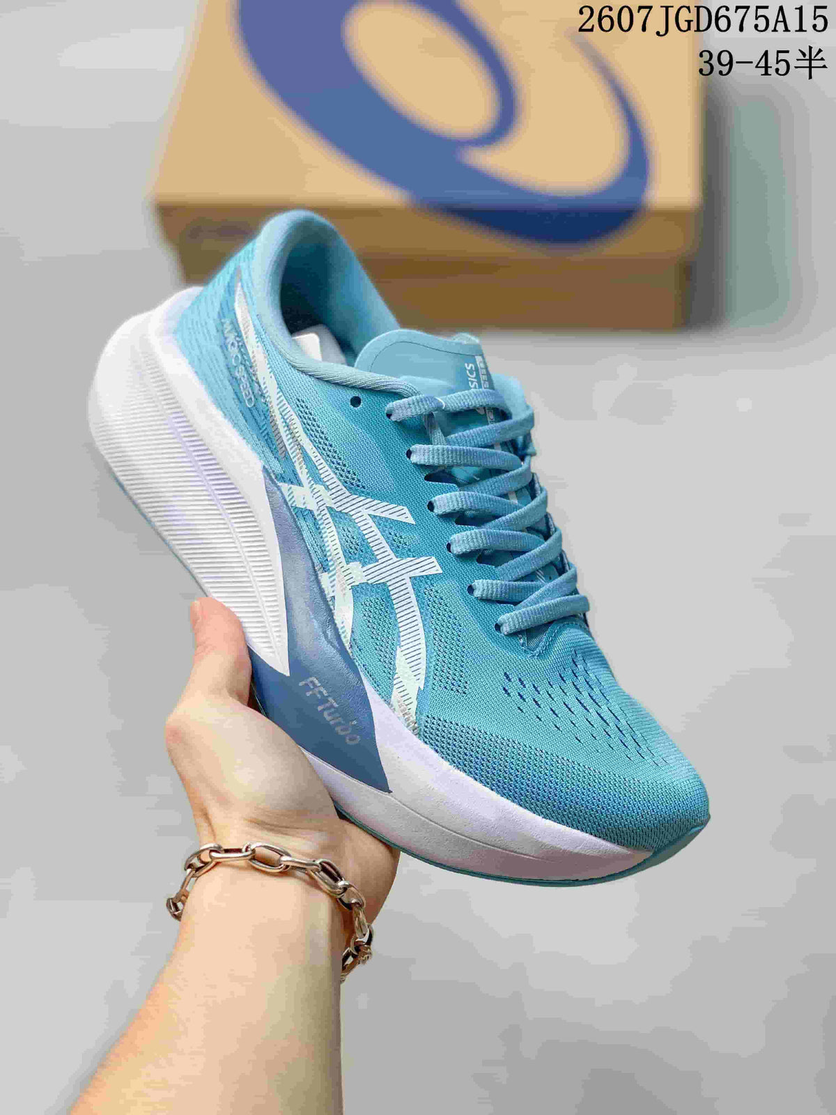 Blue and white ASICS Magic Speed 4 running shoe with a pale blue textile upper and contrasting white logo.