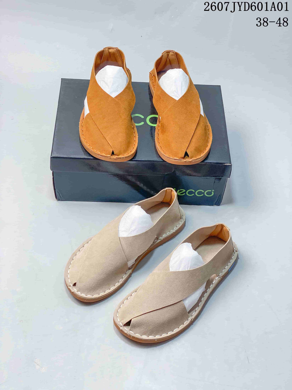 Tan and light beige pairs of cross-strap casual shoes; image label shows style code 2607JYD601A01 and sizes 38–48.