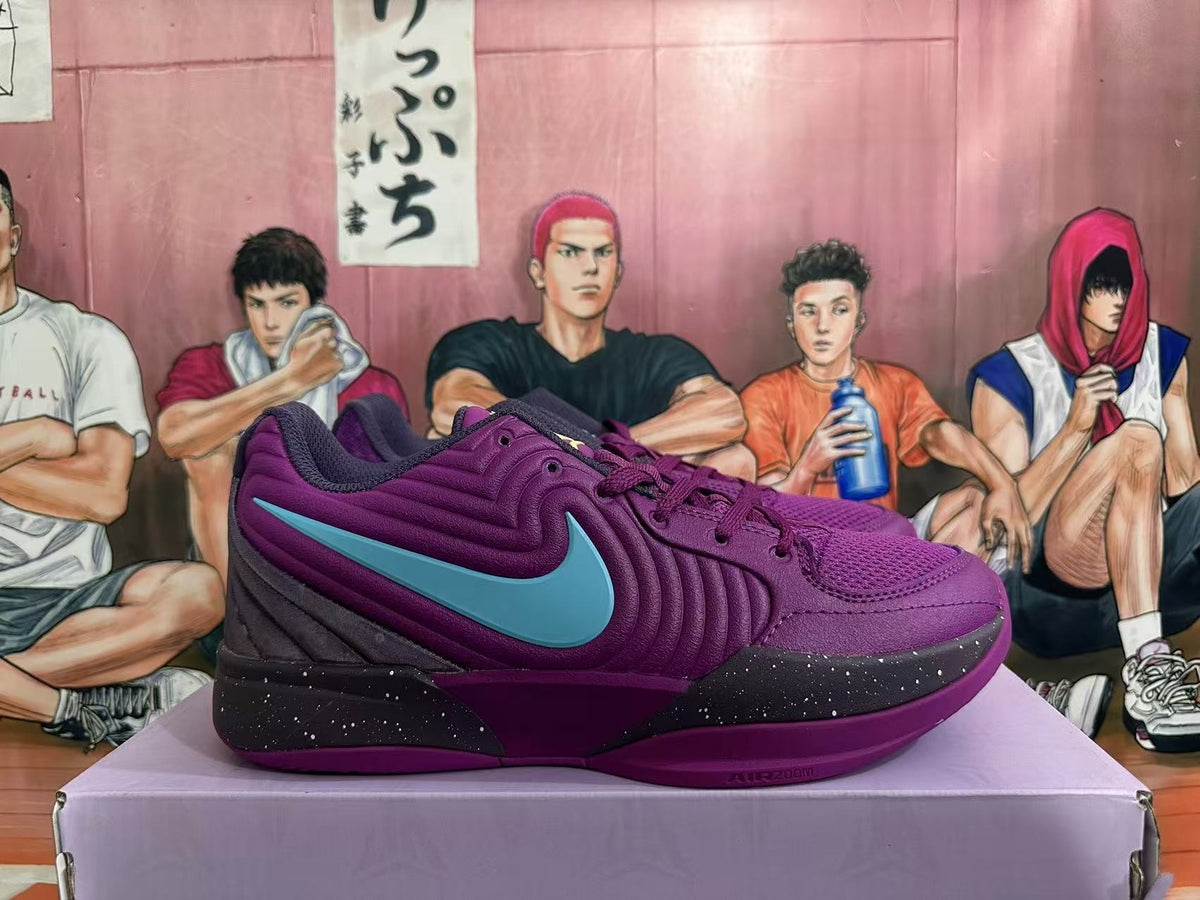 Side view of a purple Nike basketball shoe with a turquoise-blue Swoosh and speckled dark midsole.