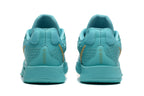 Rear view of the aqua basketball shoes showing heel panels and textured details.