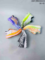 Group view showing five colorways of the ASICS sneaker, including purple, neon yellow, orange and white, and black and white versions; overlay reads 2607JWD245A15 and 36–45.
