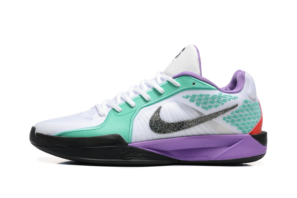 Side view of the white, mint green, purple, and black Sabrina 2 shoe.