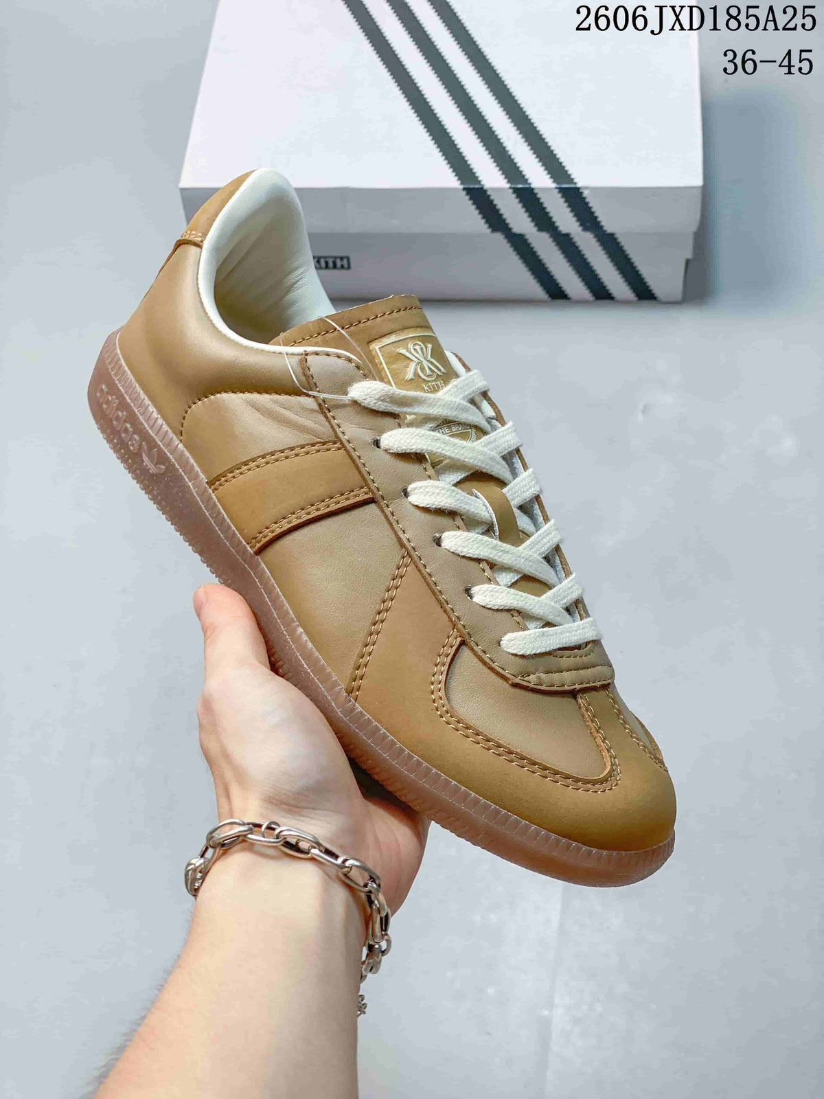 Side view of a tan adidas BW Army sneaker showing its stitched panels and gum-tone outsole