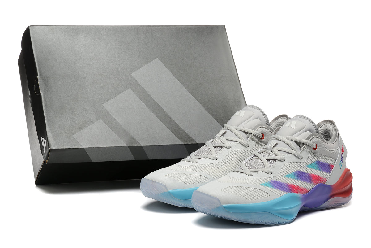 Light gray Adidas Adizero shoes and a dark shoebox