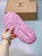 Close-up of the pink patterned outsole on a Louis Vuitton Trainer Maxi sneaker.