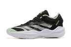 Side view of a black Adidas Adizero shoe with white stripes and mint accents