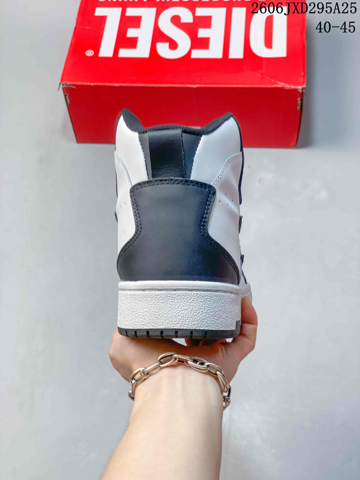 Rear view of a white and dark gray Diesel high-top sneaker
