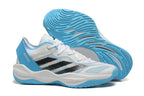Adizero sneaker in white and light blue with black stripes and a blue outsole