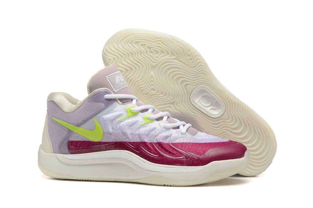 Nike KD basketball shoe pair showing the patterned cream outsole and purple, pink, and lime upper