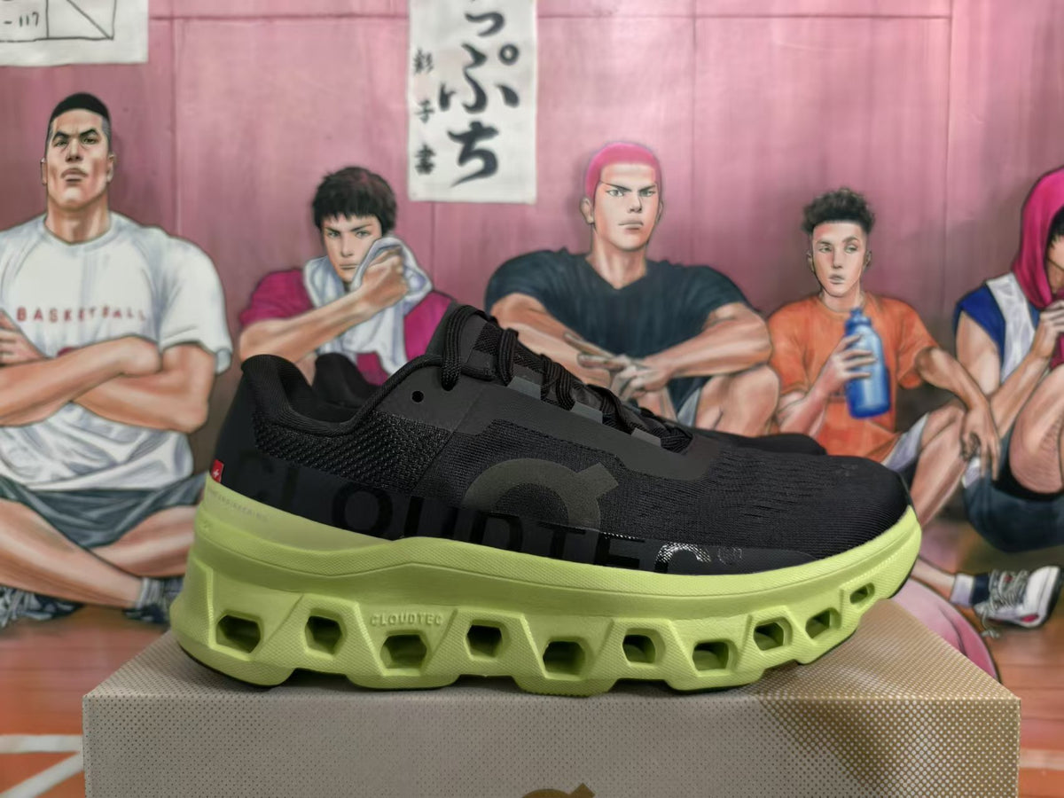 Side view showing the black upper, side branding, and lime-green sole