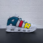 Side profile of a sneaker with oversized AIR lettering in red, yellow and blue