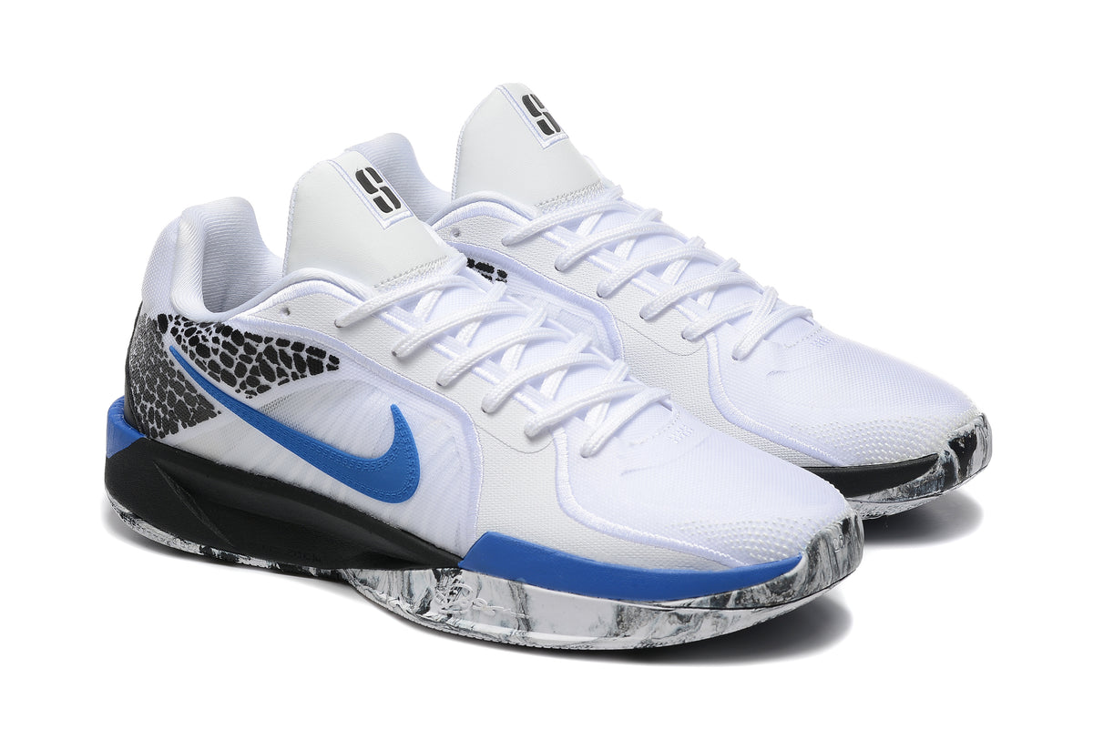 Pair of white basketball shoes with blue side logos and black spotted detailing