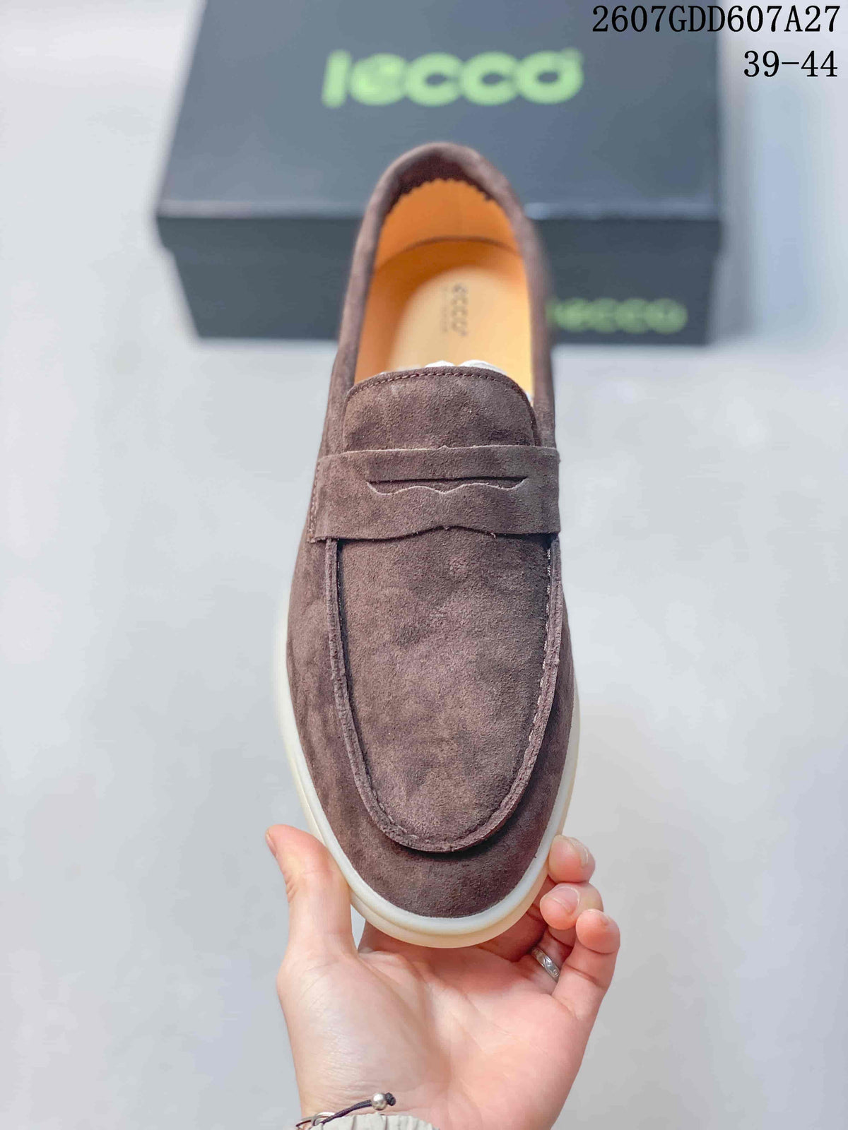 Top view of a brown ECCO loafer showing the moc-toe stitching and penny-style strap.