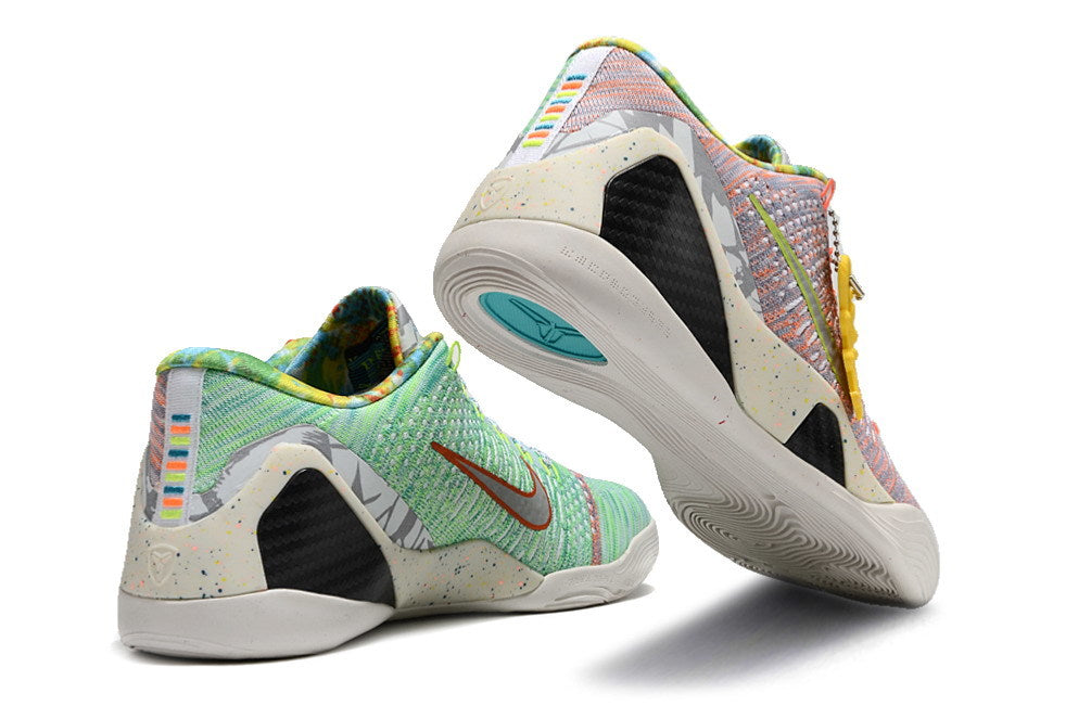 Multicolor low-top shoes shown from the heel and outsole.