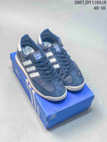 Pair of navy and white adidas SL 72 sneakers displayed on a blue adidas shoebox; image text shows style code 2607JDY118A18 and size range 40–45.