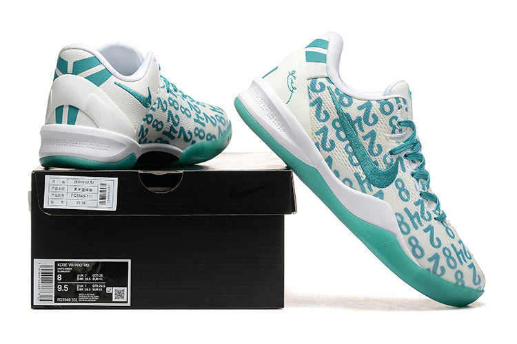 White and teal Kobe 8 Protro shoes displayed with a shoe box.