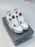 Pair of white Nike Air Jordan 4 Retro sneakers displayed on a shoebox, with black and red details visible.