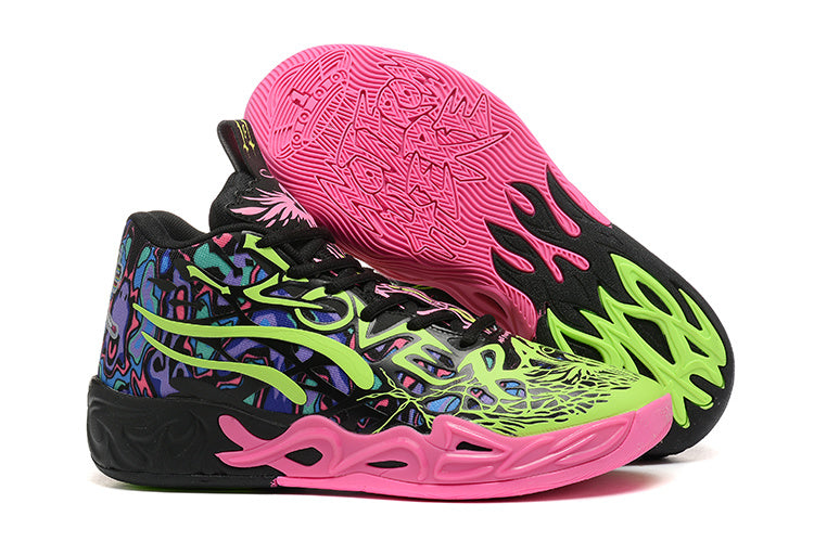 Black high-top basketball shoes with vivid green, pink, and multicolor graphics.