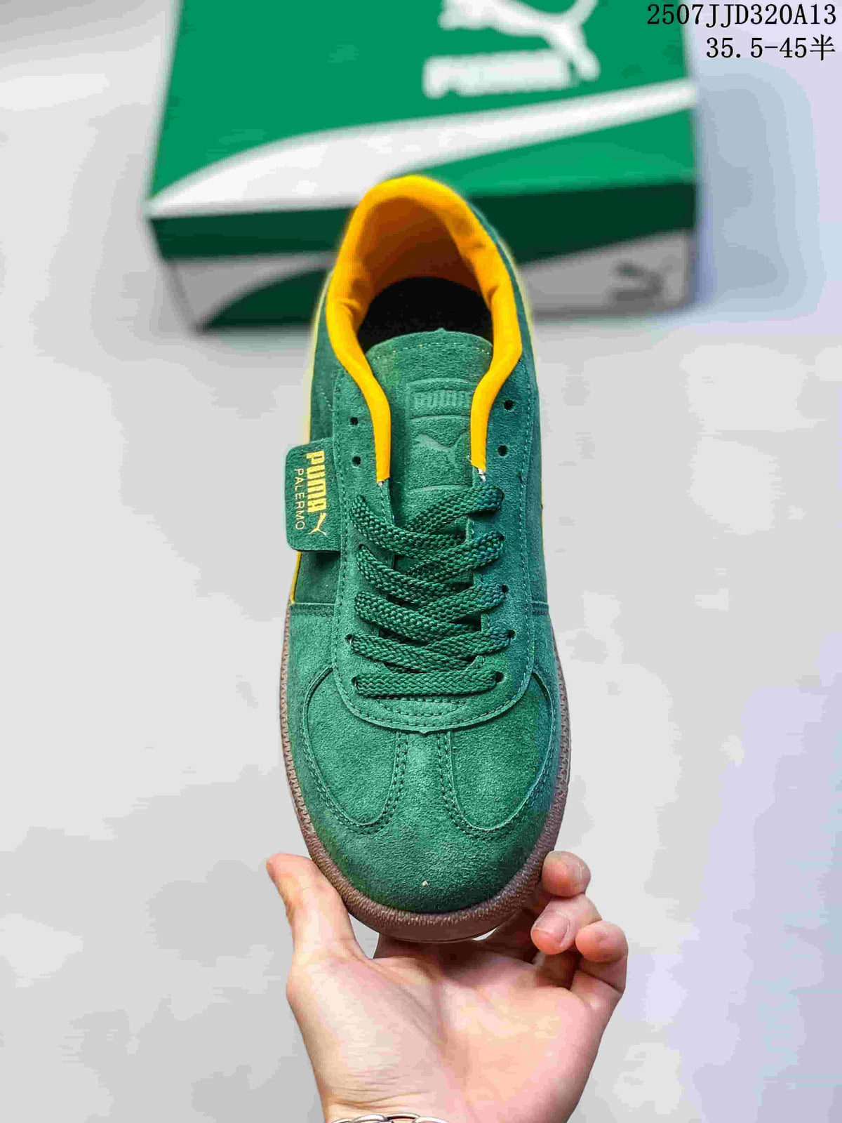 Top view of the green lace-up sneaker with yellow collar lining and Palermo branding.