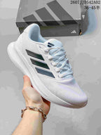 White adidas Runfalcon 5 shoe with dark side stripes and a white sole.