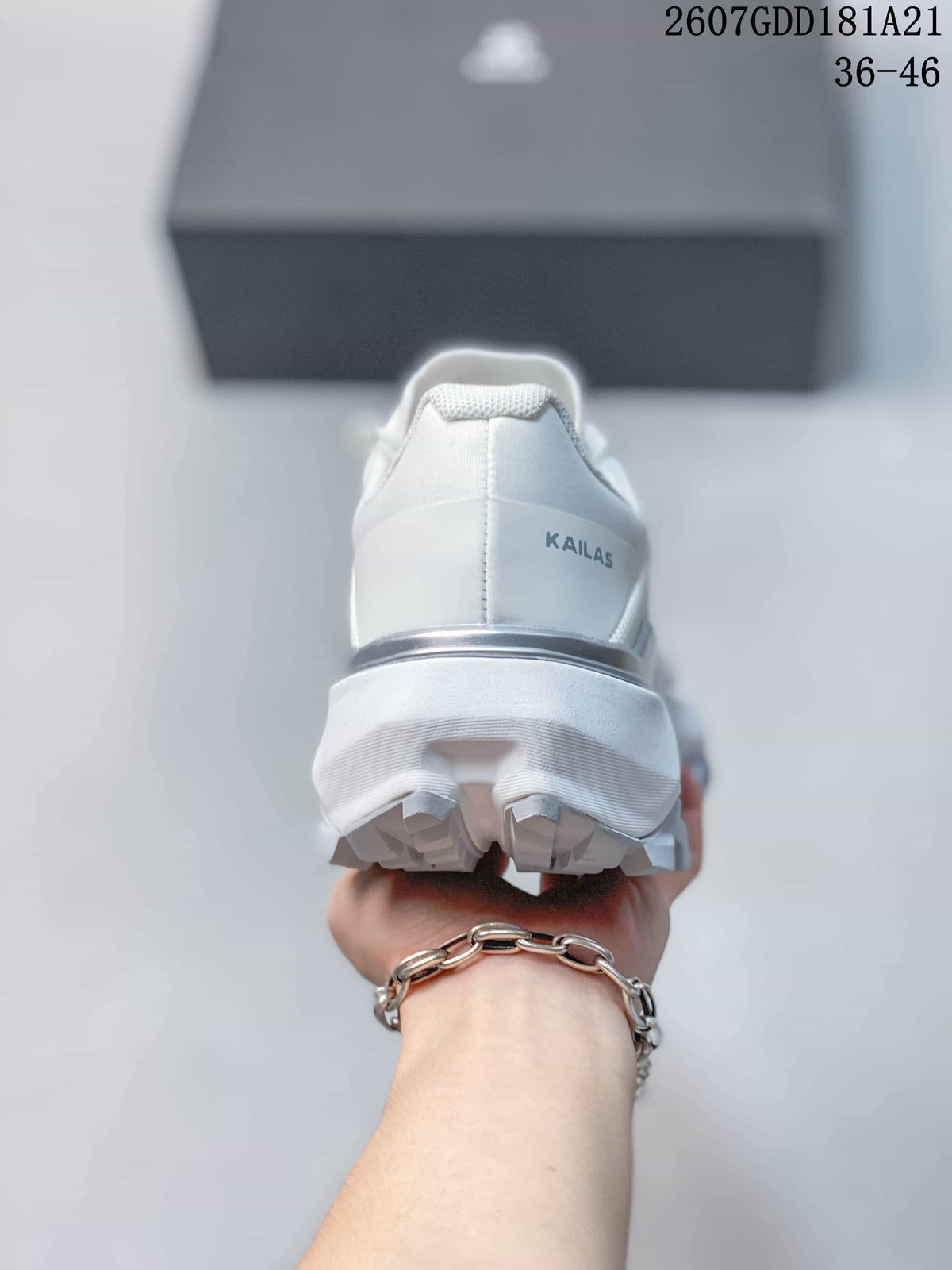 Rear view of the white shoe showing the KAILAS heel branding, padded collar and textured outsole.