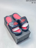 Pair of black and red Jordan slides displayed on a black Jordan box; overlay text shows style code 2607LD240A20 and size range 40–45.