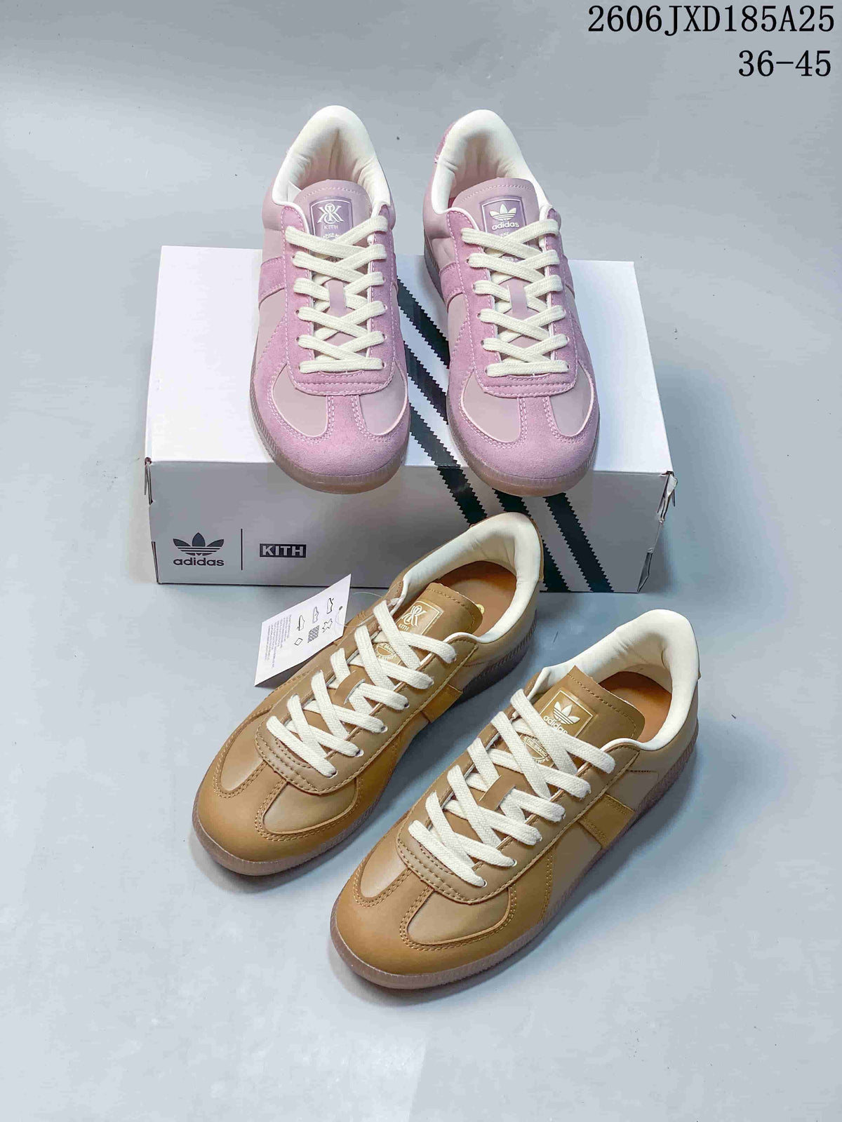 Pink and tan adidas BW Army sneakers displayed together