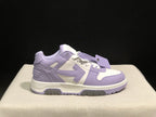Detailed lateral view of one lavender and white sneaker with its attached lace tag.