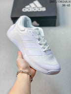 White adidas Dropset 4 training shoe with pale lavender side stripes and a translucent heel section.
