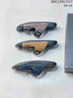 Side profile comparison of taupe-gray, tan, and black ECCO slide sandals showing their textured outsoles.