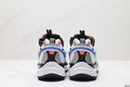 Rear view of the white, blue, black, and yellow sneakers showing layered heel panels and textured black outsoles.
