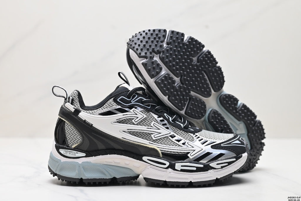 Side view of the sneakers with one shoe lifted to show the textured black outsole.