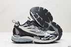 Side view of the sneakers with one shoe lifted to show the textured black outsole.