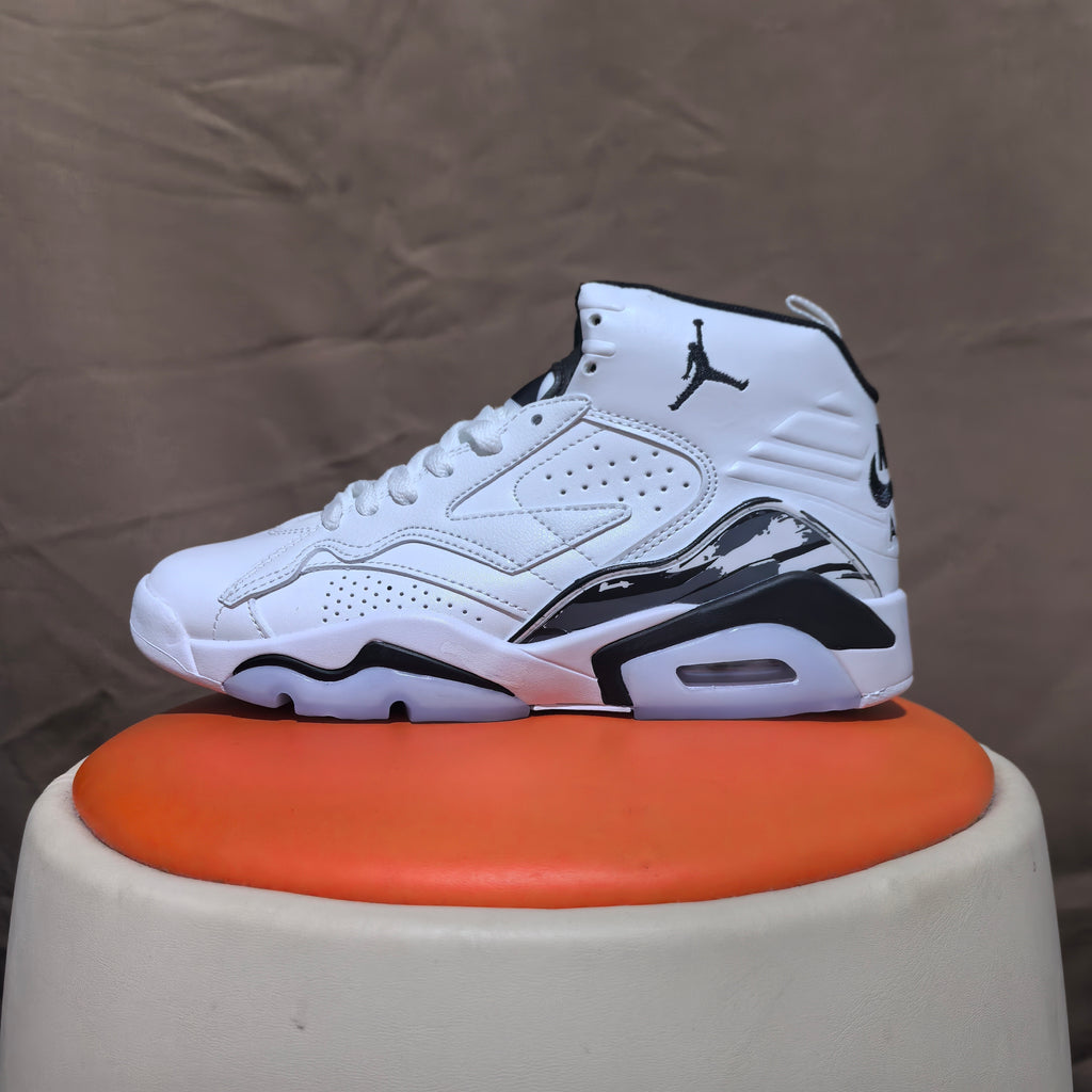 Side profile of a white and black high-top sneaker with perforations and patterned side panel.